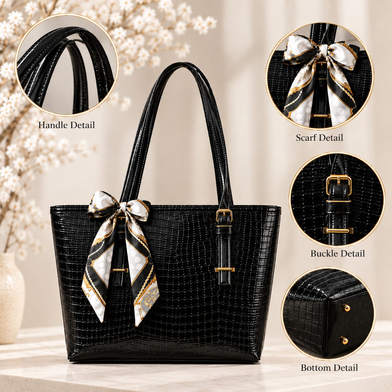 Premium Black Crocodile Bag with Scarf - Image 2