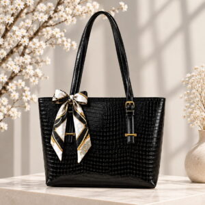 Premium Black Crocodile Bag with Scarf