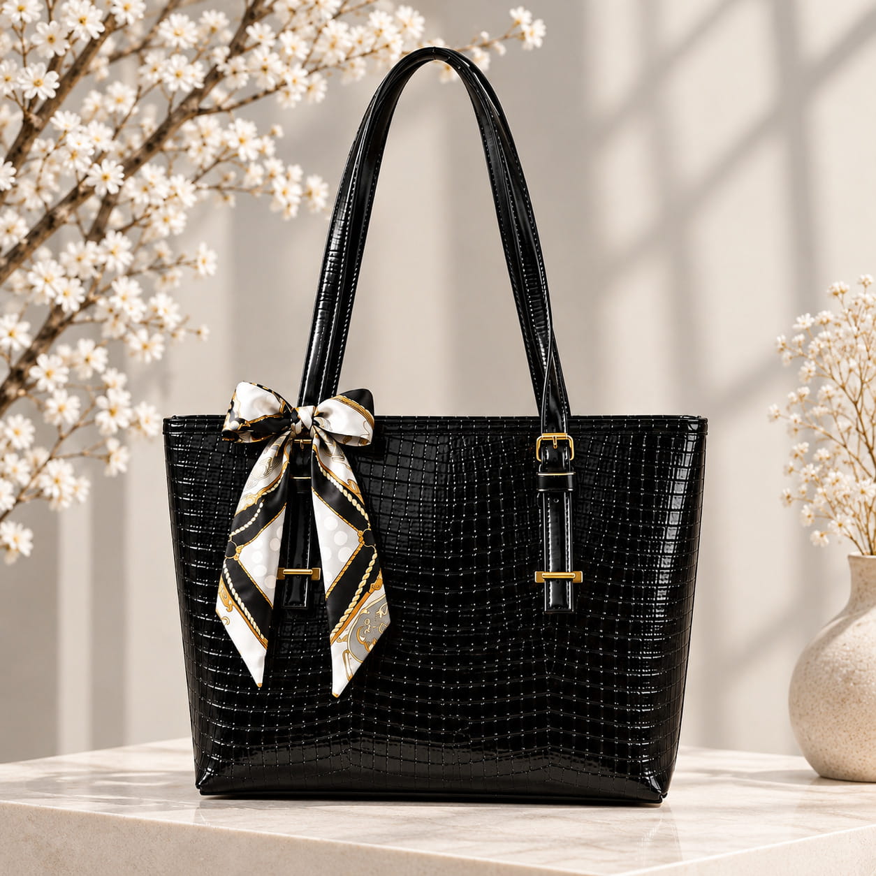 Premium Black Crocodile Bag with Scarf